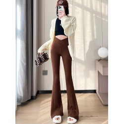 米白色針織微喇叭褲女秋冬交叉高腰顯瘦瑜珈褲彈力修身拖地馬蹄褲