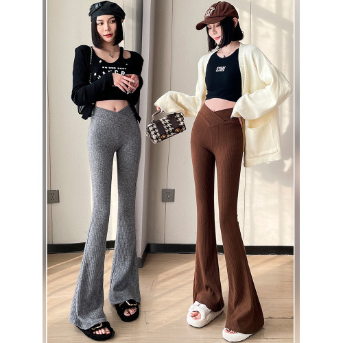 米白色針織微喇叭褲女秋冬交叉高腰顯瘦瑜珈褲彈力修身拖地馬蹄褲