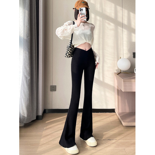 米白色針織微喇叭褲女秋冬交叉高腰顯瘦瑜珈褲彈力修身拖地馬蹄褲