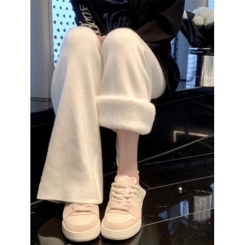 加絨加厚白色針織濶腿褲女秋冬季高級感溫柔風垂感休閒直筒拖地褲 加絨加厚白色針織濶腿褲女秋冬季高級感溫柔風垂感休閒直筒拖地褲