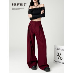 Forever 21灰色褶皺濶腿西裝褲女設計感慵懶寬松直筒垂感休閒褲子