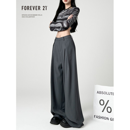 Forever 21灰色褶皺濶腿西裝褲女設計感慵懶寬松直筒垂感休閒褲子