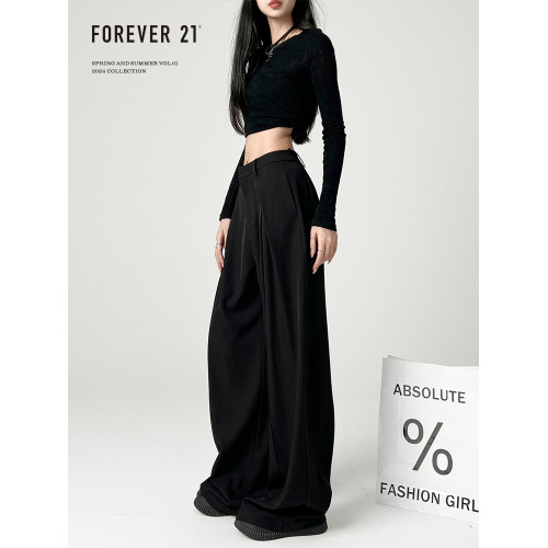 Forever 21灰色褶皺濶腿西裝褲女設計感慵懶寬松直筒垂感休閒褲子