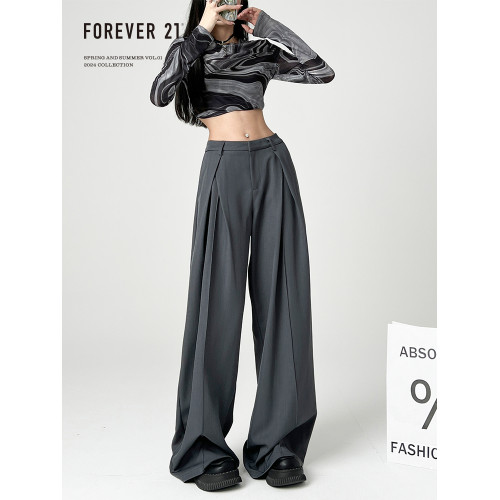 Forever 21灰色褶皺濶腿西裝褲女設計感慵懶寬松直筒垂感休閒褲子