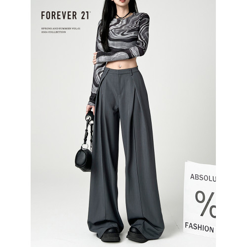 Forever 21灰色褶皺濶腿西裝褲女設計感慵懶寬松直筒垂感休閒褲子