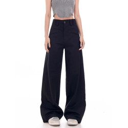 土土家黑色濶腿西裝褲女秋季新款高腰顯瘦垂感直筒休閒拖地褲子