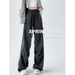 美式工裝褲女款2025新款春秋高腰寬松直筒垂感休閒運動濶腿衛褲子