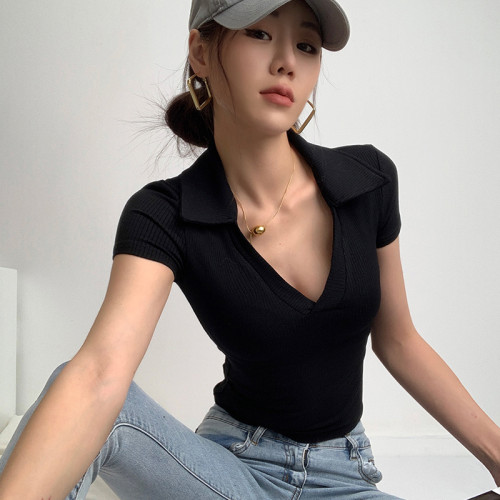 POLO領打底衫女夏季內搭緊身短袖t恤搭配高腰濶腿褲短款正肩上衣