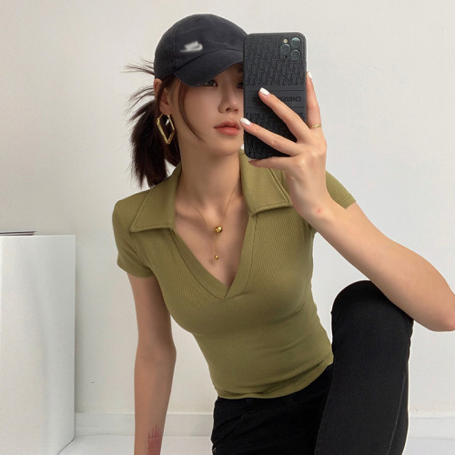 POLO領打底衫女夏季內搭緊身短袖t恤搭配高腰濶腿褲短款正肩上衣