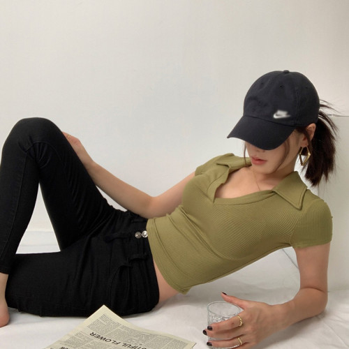 POLO領打底衫女夏季內搭緊身短袖t恤搭配高腰濶腿褲短款正肩上衣