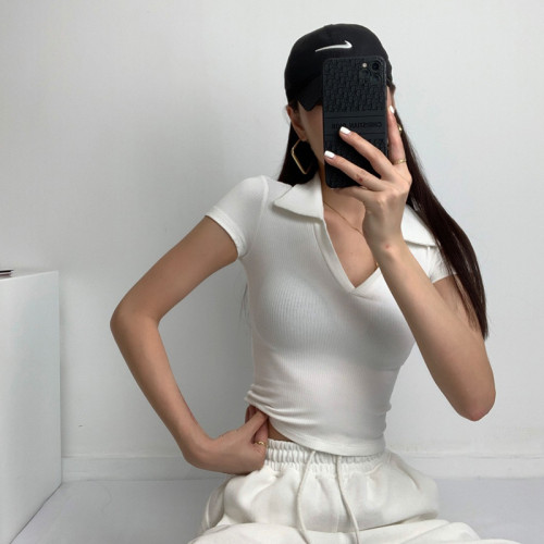 POLO領打底衫女夏季內搭緊身短袖t恤搭配高腰濶腿褲短款正肩上衣