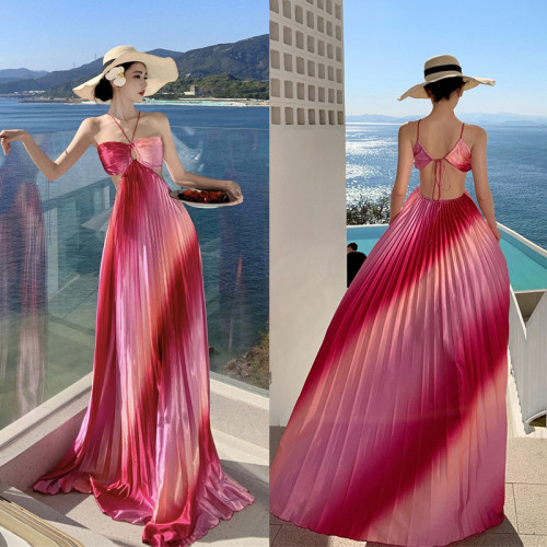 火龍果玫紅粉色顯瘦露背沙灘裙女夏季新款三亞海邊旅遊度假連衣裙