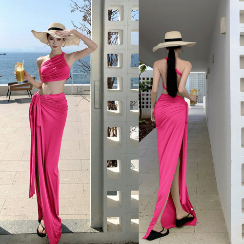 火龍果玫紅粉色顯瘦露背沙灘裙女夏季新款三亞海邊旅遊度假連衣裙