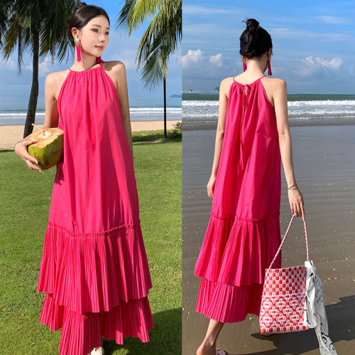 火龍果玫紅粉色顯瘦露背沙灘裙女夏季新款三亞海邊旅遊度假連衣裙