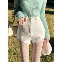 呢子短褲女春季款白色西裝高腰顯瘦休閒濶腿褲不規則a字外穿靴褲