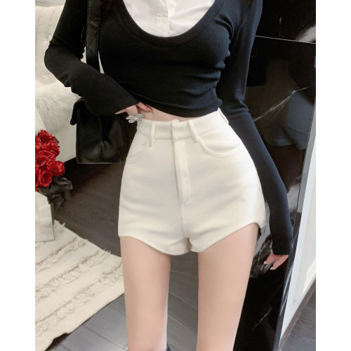 呢子短褲女春季款白色西裝高腰顯瘦休閒濶腿褲不規則a字外穿靴褲