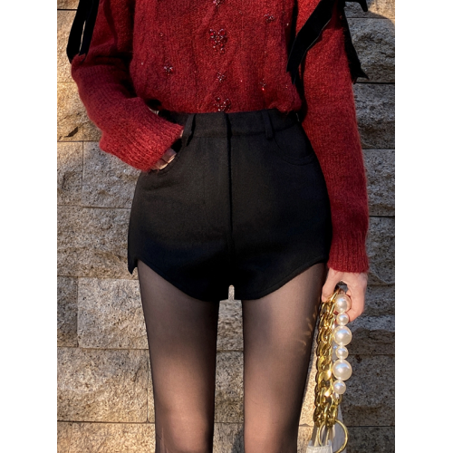 呢子短褲女春季款白色西裝高腰顯瘦休閒濶腿褲不規則a字外穿靴褲