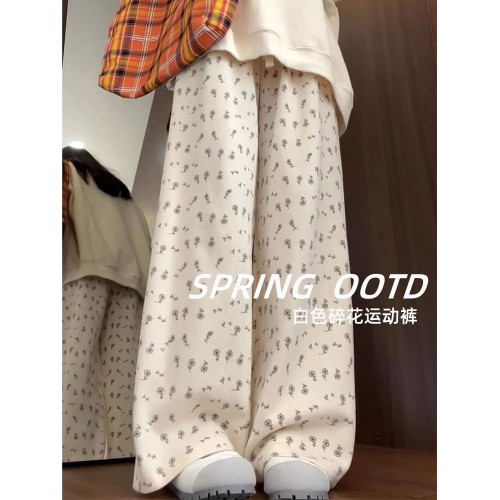 白色碎花褲子女春秋冬季2025新款小個子寬松直筒衛褲濶腿運動褲