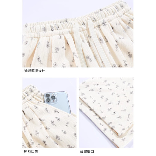 白色碎花褲子女春秋冬季2025新款小個子寬松直筒衛褲濶腿運動褲