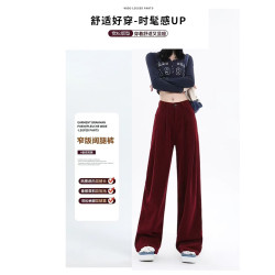 卡其色燈芯絨濶腿休閒褲女春秋新款寬松垂墜感褶皺設計直筒拖地褲