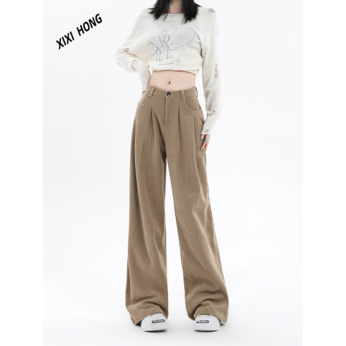 卡其色燈芯絨濶腿休閒褲女春秋新款寬松垂墜感褶皺設計直筒拖地褲