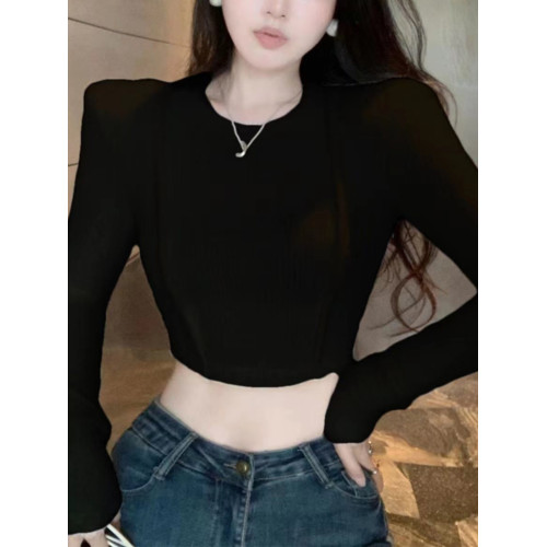 小衆圓領女士毛衣打底衫2025秋冬季新款辣妹加絨露臍外穿長袖上衣