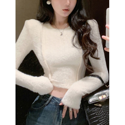 小衆圓領女士毛衣打底衫2025秋冬季新款辣妹加絨露臍外穿長袖上衣