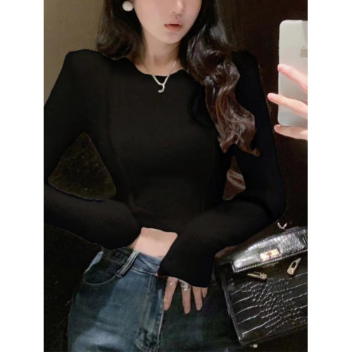 小衆圓領女士毛衣打底衫2025秋冬季新款辣妹加絨露臍外穿長袖上衣