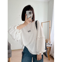 花的冰淇淋 百搭減齡純色寬松中長款圓領花苞袖長袖T恤女款秋款p