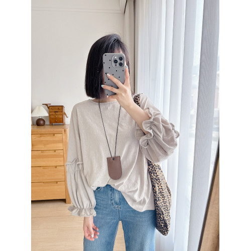 花的冰淇淋 百搭減齡純色寬松中長款圓領花苞袖長袖T恤女款秋款p