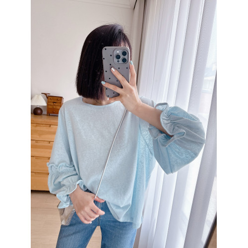 花的冰淇淋 百搭減齡純色寬松中長款圓領花苞袖長袖T恤女款秋款p