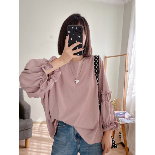 花的冰淇淋 百搭減齡純色寬松中長款圓領花苞袖長袖T恤女款秋款p