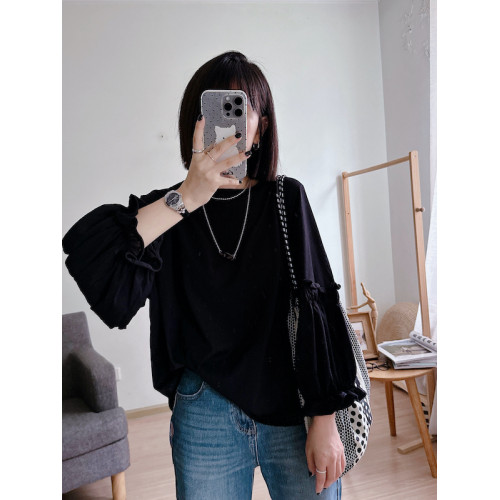 花的冰淇淋 百搭減齡純色寬松中長款圓領花苞袖長袖T恤女款秋款p