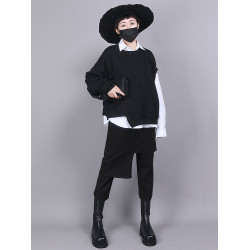 UUMP2025春秋新款女褲港風範假倆件設計黑色高腰修身顯瘦9分裙褲