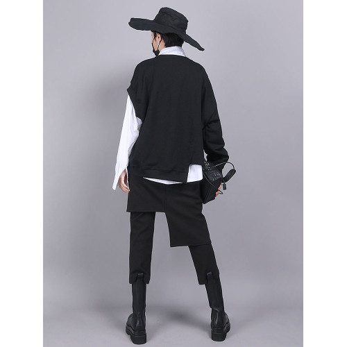 UUMP2025春秋新款女褲港風範假倆件設計黑色高腰修身顯瘦9分裙褲