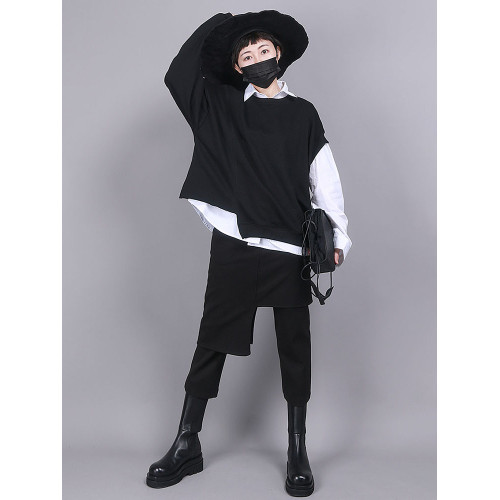 UUMP2025春秋新款女褲港風範假倆件設計黑色高腰修身顯瘦9分裙褲