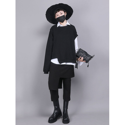 UUMP2025春秋新款女褲港風範假倆件設計黑色高腰修身顯瘦9分裙褲