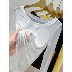 黑色網紗打底衫女春秋長袖t恤低領透明紗衣薄內搭蕾絲上衣高級感