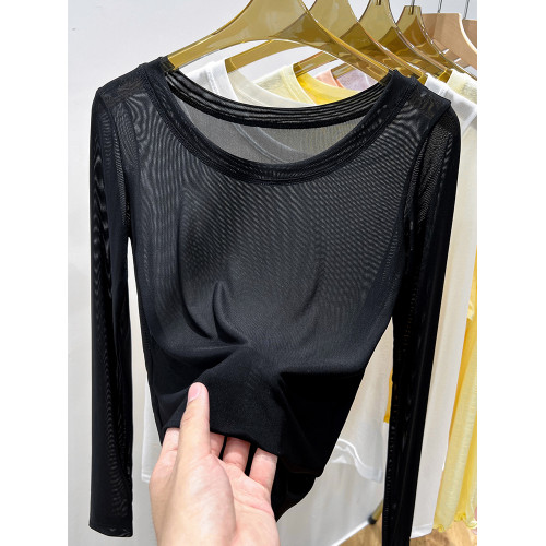 黑色網紗打底衫女春秋長袖t恤低領透明紗衣薄內搭蕾絲上衣高級感 黑色網紗打底衫女春秋長袖t恤低領透明紗衣薄內搭蕾絲上衣高級感