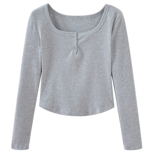 設計感弧形下擺v領長袖t恤女秋冬新款韓版灰色方領修身短款打底衫