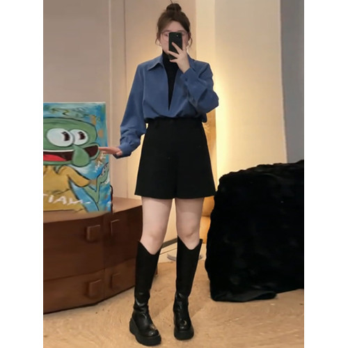 黑色外穿西裝短褲女秋冬胖mm大碼梨形高腰顯瘦小個子濶腿a字靴褲