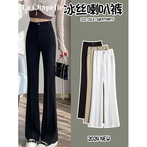 拉夏貝爾冰絲喇叭褲女夏薄2025新款高腰修身春秋小個子西裝微喇褲
