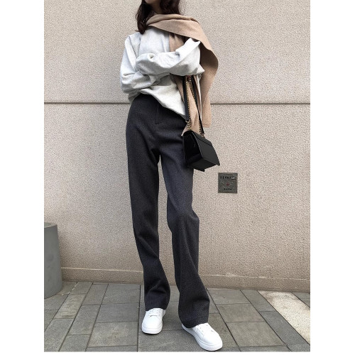 2025秋冬顯瘦加厚寬松休閒窄版長褲深灰色毛呢高腰直筒濶腿拖地褲