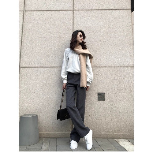 2025秋冬顯瘦加厚寬松休閒窄版長褲深灰色毛呢高腰直筒濶腿拖地褲