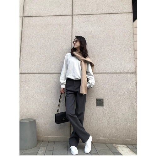 2025秋冬顯瘦加厚寬松休閒窄版長褲深灰色毛呢高腰直筒濶腿拖地褲