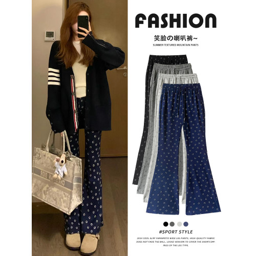 藍色微喇叭褲女秋季季2025新款高腰顯瘦休閒衛褲小個子笑臉運動褲