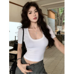 美式辣妹短袖t恤女夏季性感低U領修身顯瘦小衫高腰露肚臍短款上衣