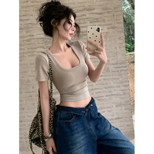 美式辣妹短袖t恤女夏季性感低U領修身顯瘦小衫高腰露肚臍短款上衣