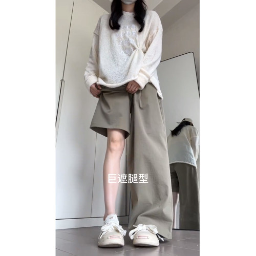 大碼灰綠色慵懶風濶腿山本褲女夏季薄款梨形身材高腰顯瘦休閒褲子 大碼灰綠色慵懶風濶腿山本褲女夏季薄款梨形身材高腰顯瘦休閒褲子