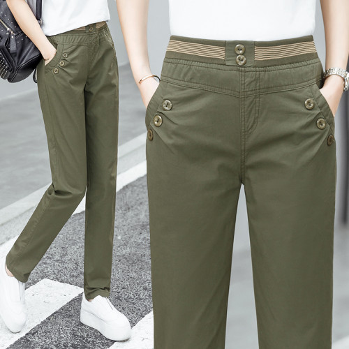 松緊高腰休閒褲女春秋2025新款直筒長褲子寬松顯瘦百搭純棉工裝褲